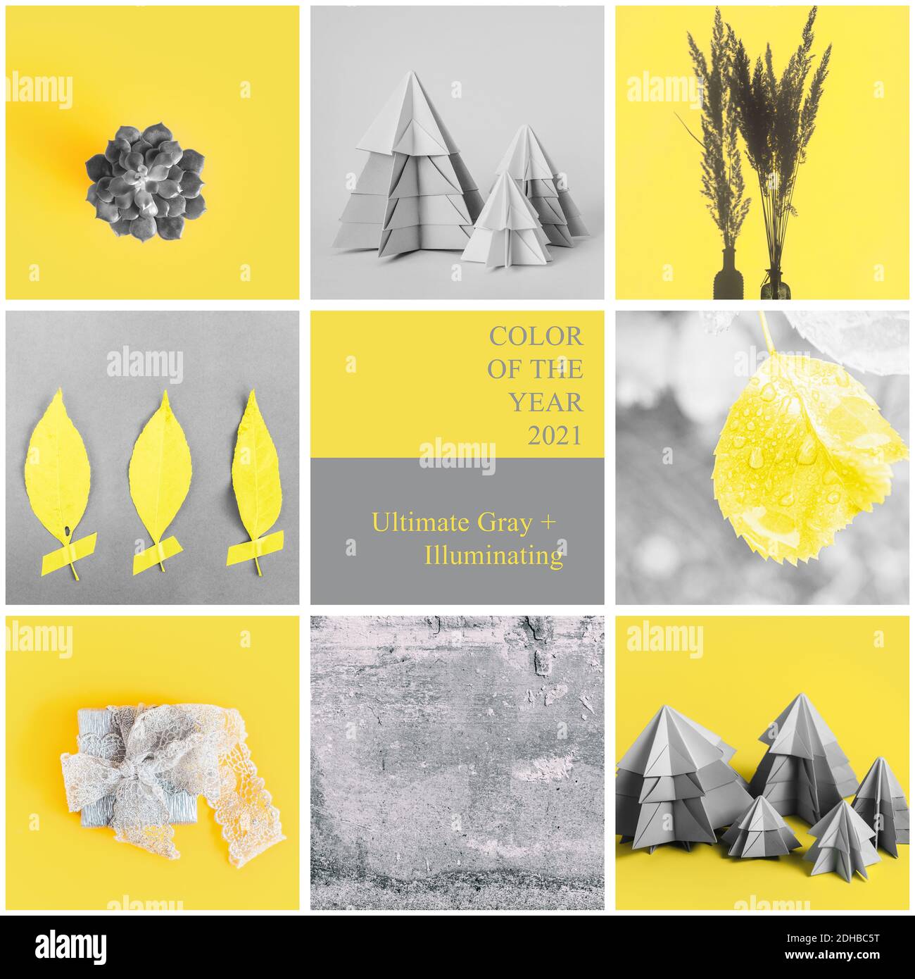 Color of the 2021 year collage. Yellow and gray toned images and text