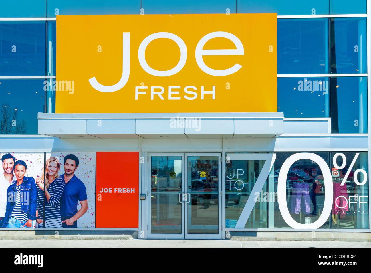 Joe Fresh store entrance: Joe Fresh is a fashion brand and retail chain know for selling high-quality clothing shoes and purses. Stock Photo