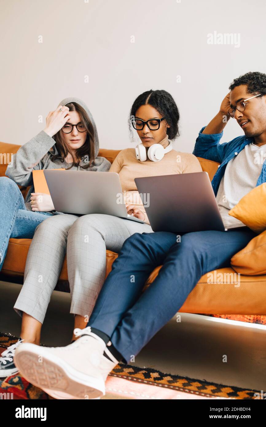 Computer programmers working on laptops while sitting on sofa in creative office Stock Photo