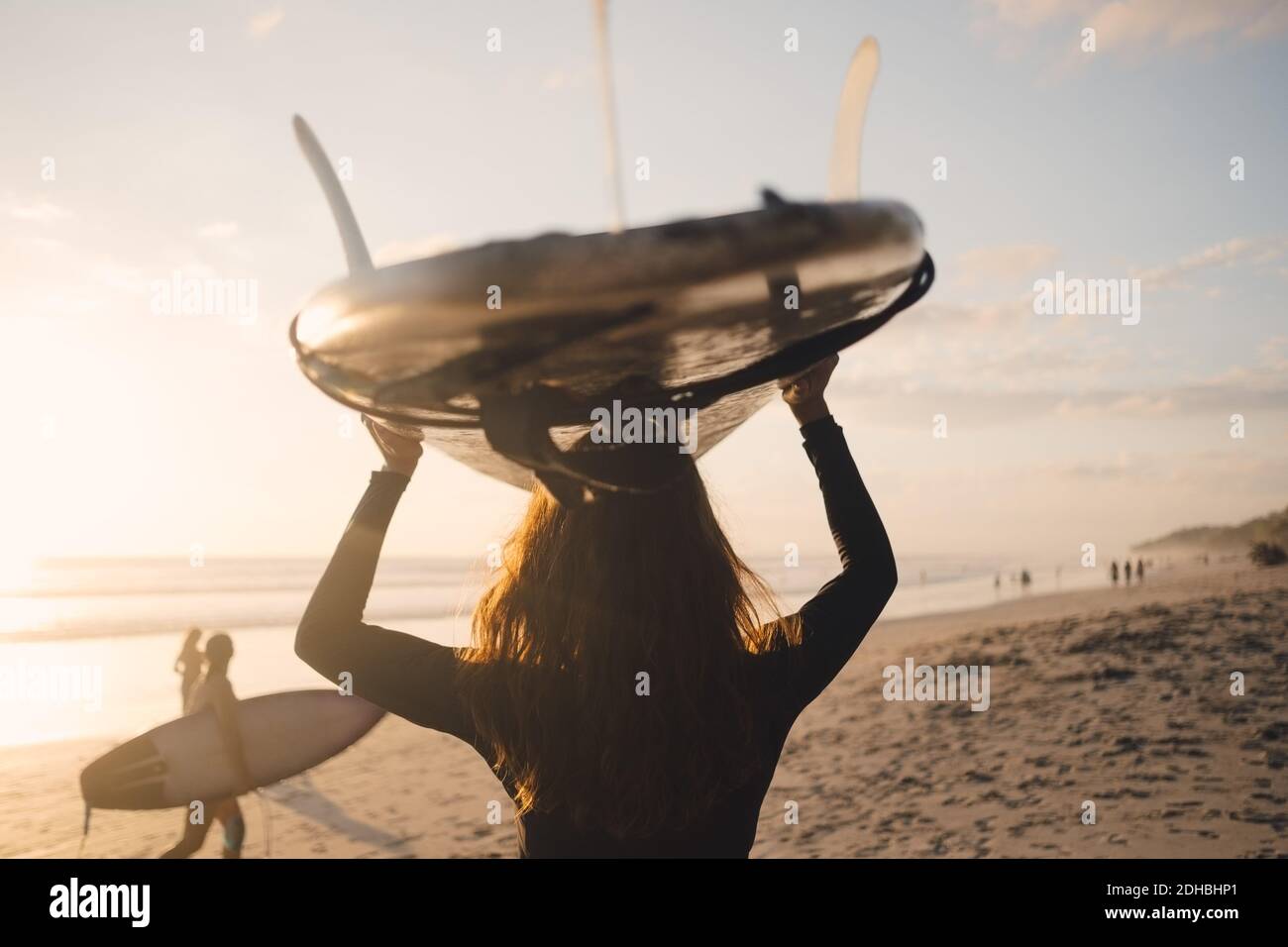Rear view of mature female surfer carrying surfboard on head at beach Stock Photo