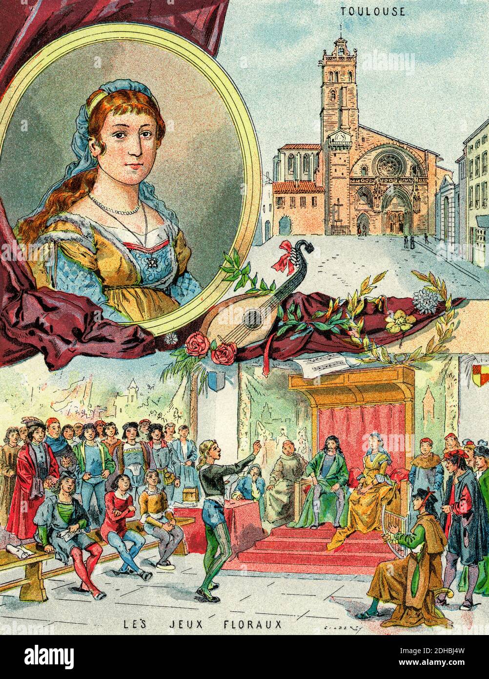 Old color lithography portrait of Clemence Isaure (1463-1513) Legendary medieval woman, founder of the Acadèmia dels Jòcs Florals or Academy of Floral Games. Member of the Yzalguier family from Toulouse. France. Les Français Illustres by Gustave Demoulin 1897 Stock Photo