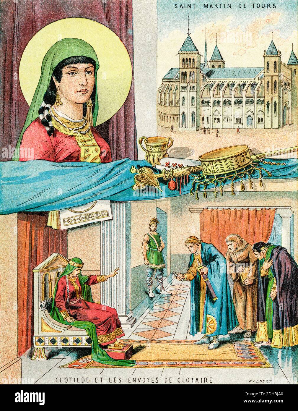 Old color lithography portrait of Saint Clotilde (475-545) Princess of  Burgundy, became Queen of the Franks by marrying Clovis I, whom she helps  convert to Christianity. She was canonized around 550 or