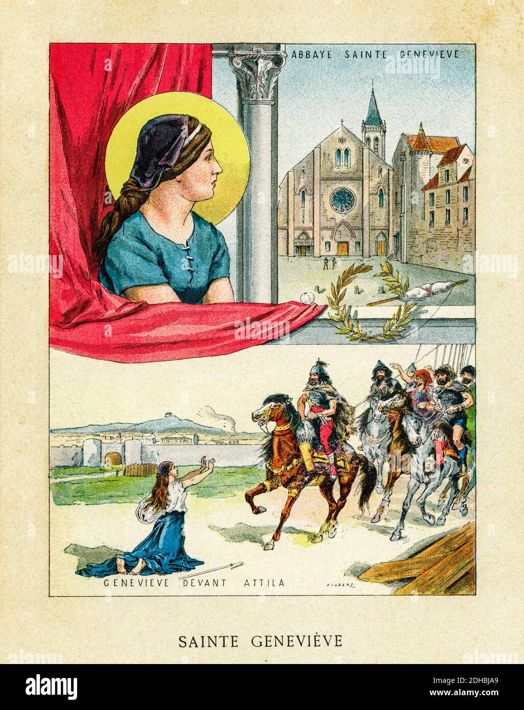 Old color lithography portrait of Saint Genevieve of Paris (422-512) Sainte Genevieve, french nun and saint. The abbaye Sainte Genevieve. Sainte Genevieve implores Attila to be merciful and spare the city of Paris. France. Les Français Illustres by Gustave Demoulin 1897 Stock Photo
