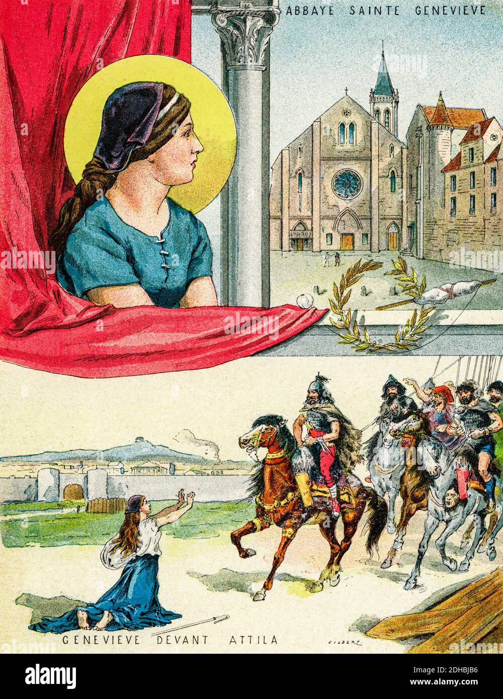 Old color lithography portrait of Saint Genevieve of Paris (422-512) Sainte Genevieve, french nun and saint. The abbaye Sainte Genevieve. Sainte Genevieve implores Attila to be merciful and spare the city of Paris. France. Les Français Illustres by Gustave Demoulin 1897 Stock Photo