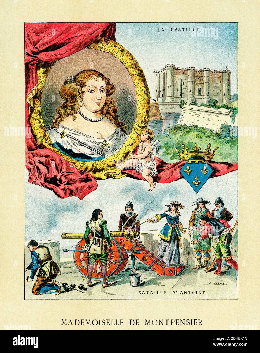 Old color lithography portrait of Anne Marie Louise d'Orleans, Grande Mademoiselle (1627-1693) Duchess of Montpensier, Dauphin of Auvergne, Countess of Eu and Mortain and the Princess of Joinville and Dombes. Daughter of Gaston de Orleans and Marie de Bourbon and granddaughter of Henry IV, a formidable businesswoman. France. Les Français Illustres by Gustave Demoulin 1897 Stock Photo