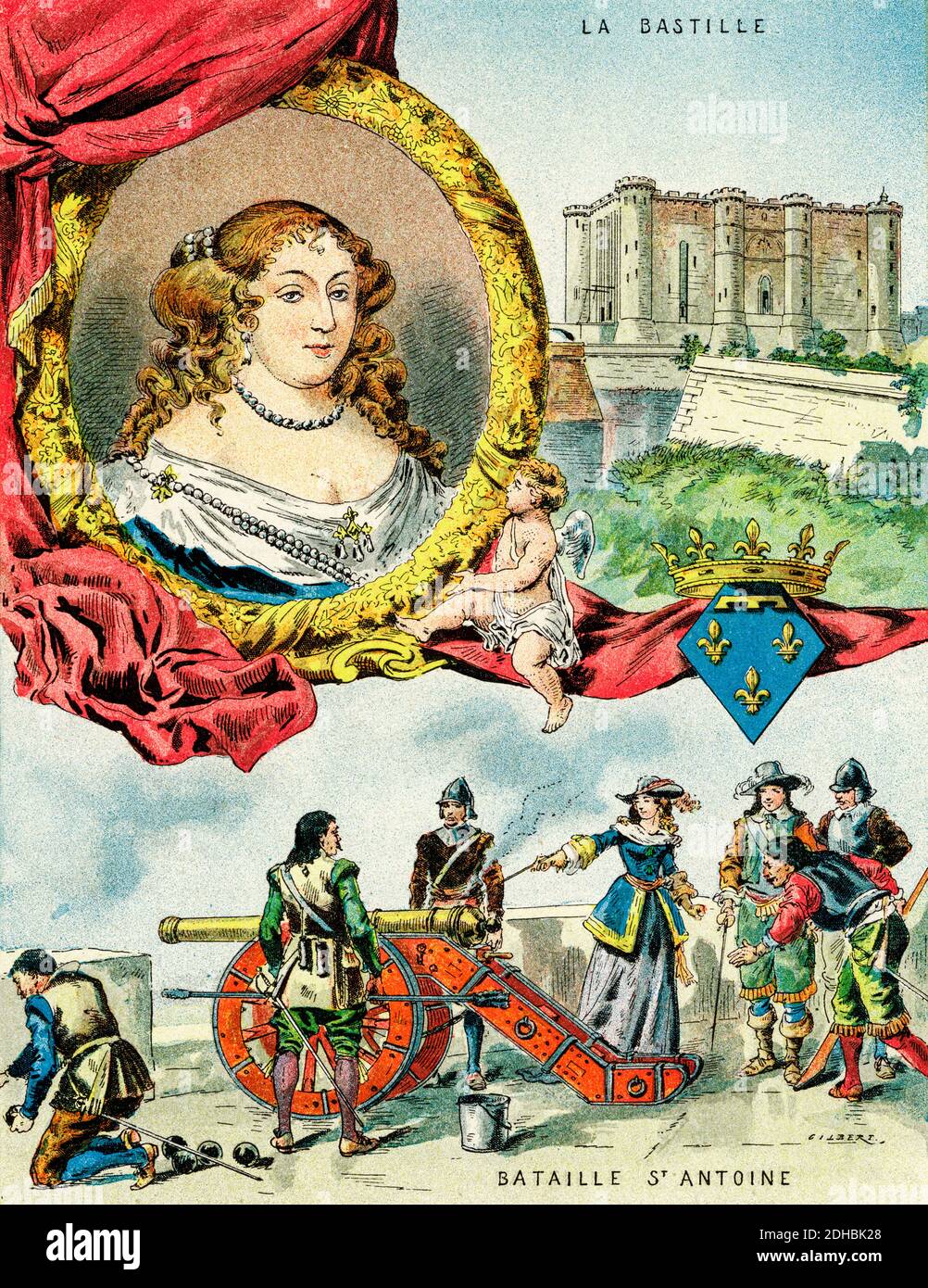 Old color lithography portrait of Anne Marie Louise d'Orleans, Grande Mademoiselle (1627-1693) Duchess of Montpensier, Dauphin of Auvergne, Countess of Eu and Mortain and the Princess of Joinville and Dombes. Daughter of Gaston de Orleans and Marie de Bourbon and granddaughter of Henry IV, a formidable businesswoman. France. Les Français Illustres by Gustave Demoulin 1897 Stock Photo