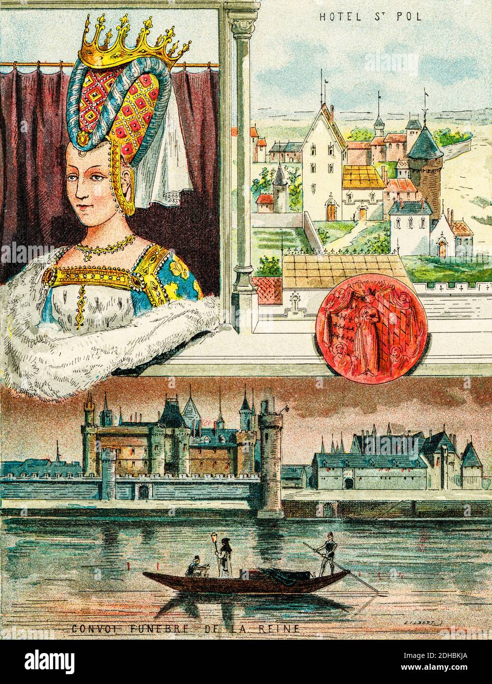Old color lithography portrait of Isabeau of Bavaria. Elizabeth of Bavaria-Ingolstadt (1370-1435) Queen of France between 1385 and 1422. She was born in the House of Wittelsbach. wife of King Charles VI of France. Regent of the Dolphin of France. Les Français Illustres by Gustave Demoulin 1897 Stock Photo