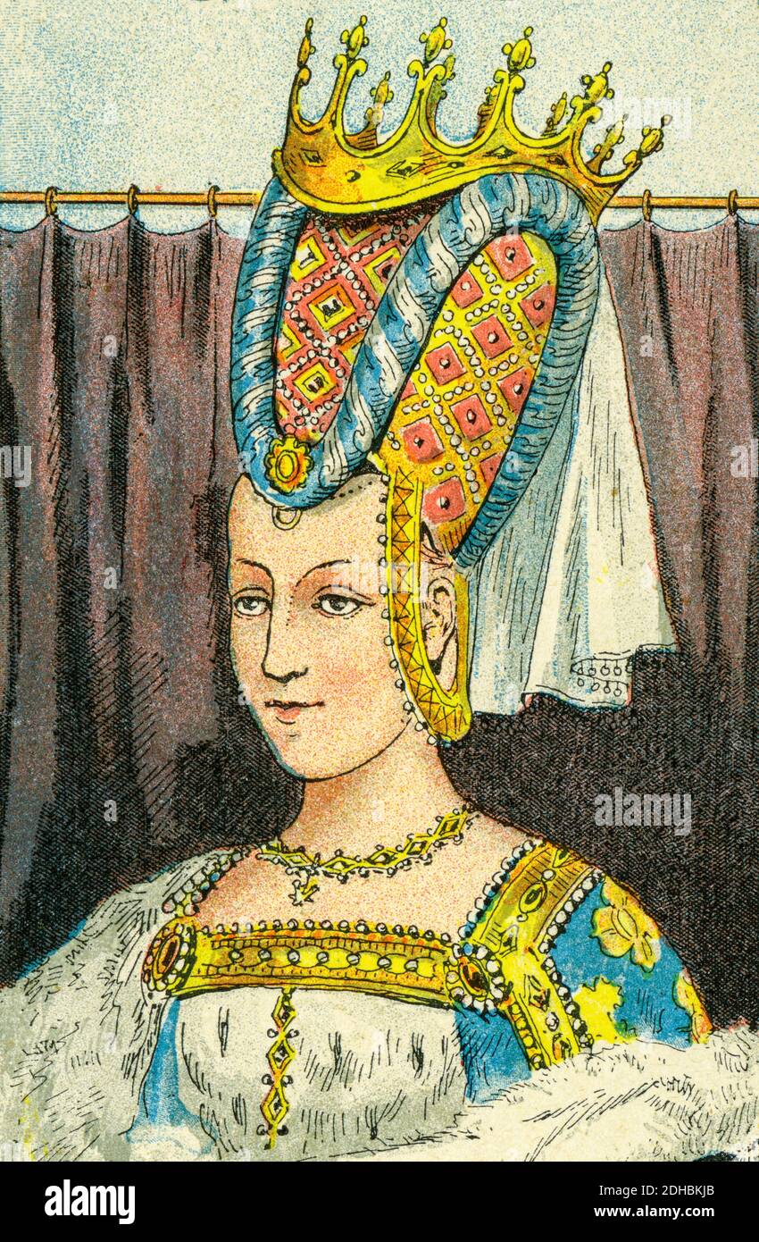 Old color lithography portrait of Isabeau of Bavaria. Elizabeth of Bavaria-Ingolstadt  (1370-1435) Queen of France between 1385 and 1422. She was born in the  House of Wittelsbach. wife of King Charles VI