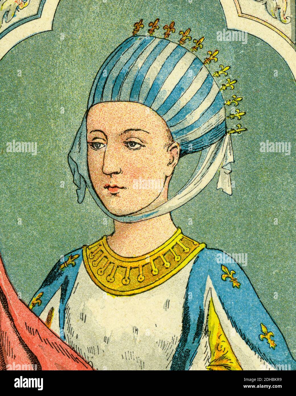 Old color lithography portrait of Margaret of Provence. Marguerite de Provence, Margarete von der Provence (1221-1295) Queen of France as the wife of King Louis IX. France. Les Français Illustres by Gustave Demoulin 1897 Stock Photo