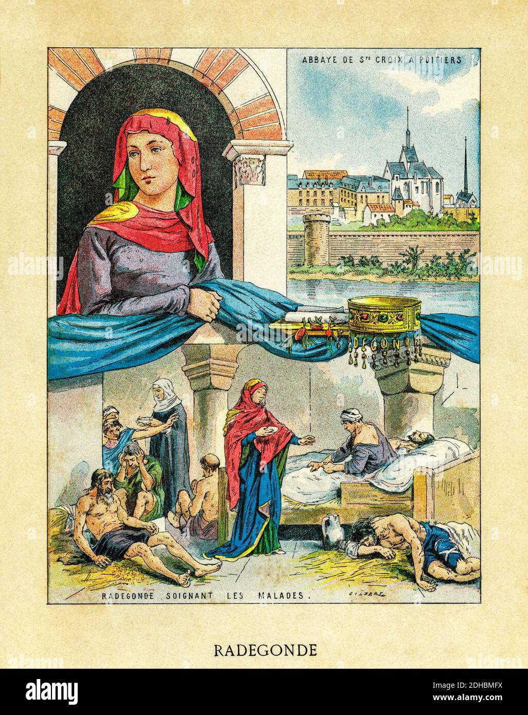 Old color lithography portrait of Radegund (520-587) Thuringian princess and Frankish queen, who founded the Abbey of the Holy Cross at Poitiers. Patron saint of several churches in France and England and of Jesus College in Cambridge. France. Les Français Illustres by Gustave Demoulin 1897 Stock Photo