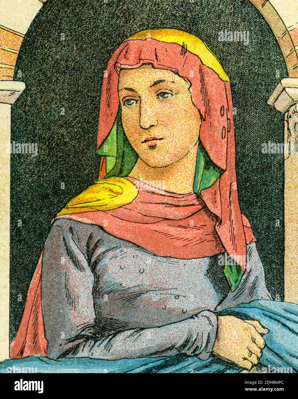 Old color lithography portrait of Radegund (520-587) Thuringian princess and Frankish queen, who founded the Abbey of the Holy Cross at Poitiers. Patron saint of several churches in France and England and of Jesus College in Cambridge. France. Les Français Illustres by Gustave Demoulin 1897 Stock Photo