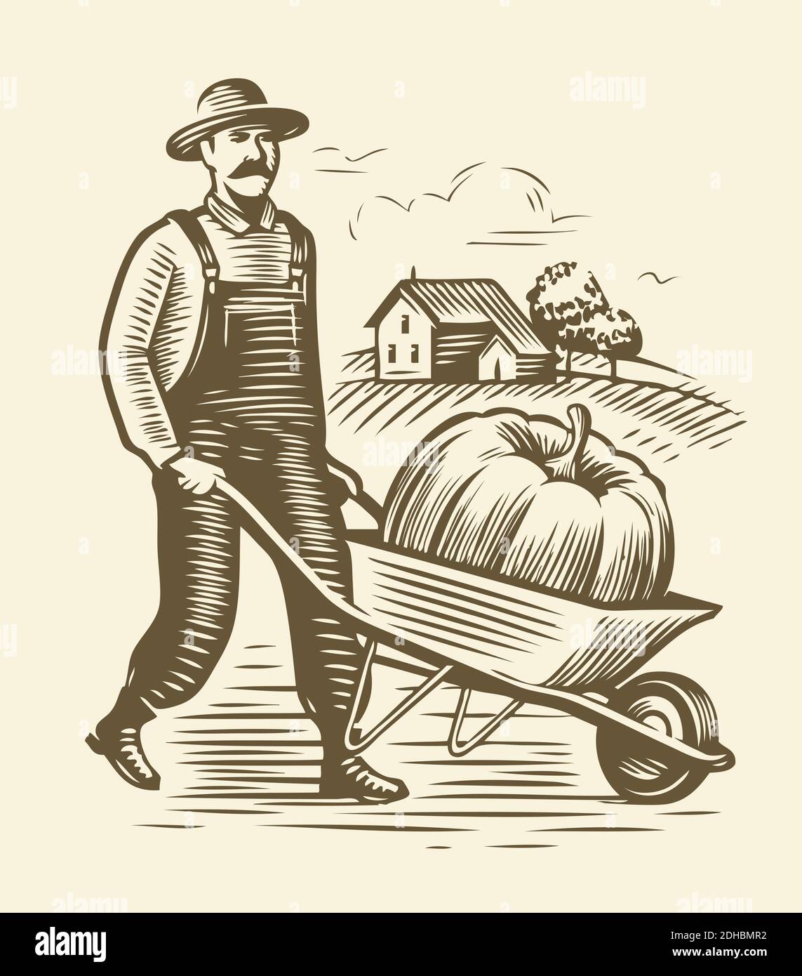 Farmer with wheelbarrow sketch. Agriculture, farm vintage vector  illustration Stock Vector Image & Art - Alamy