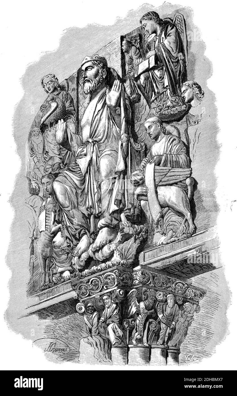 La Ilustración Gallega y Asturiana 1879 01 10 Grupo central del tímpano del Pórtico de la Gloria en la Catedral de Santiago. Stock Photo