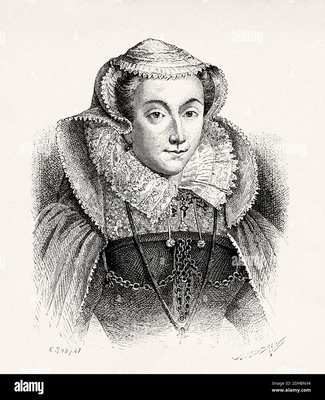 Portrait of Mary I. Mary Stuart (1542-1587) queen of Scotland. Queen consort of France, married Henry Stuart. France. Old XIX century engraving illustration. Les Français Illustres by Gustave Demoulin 1897 Stock Photo