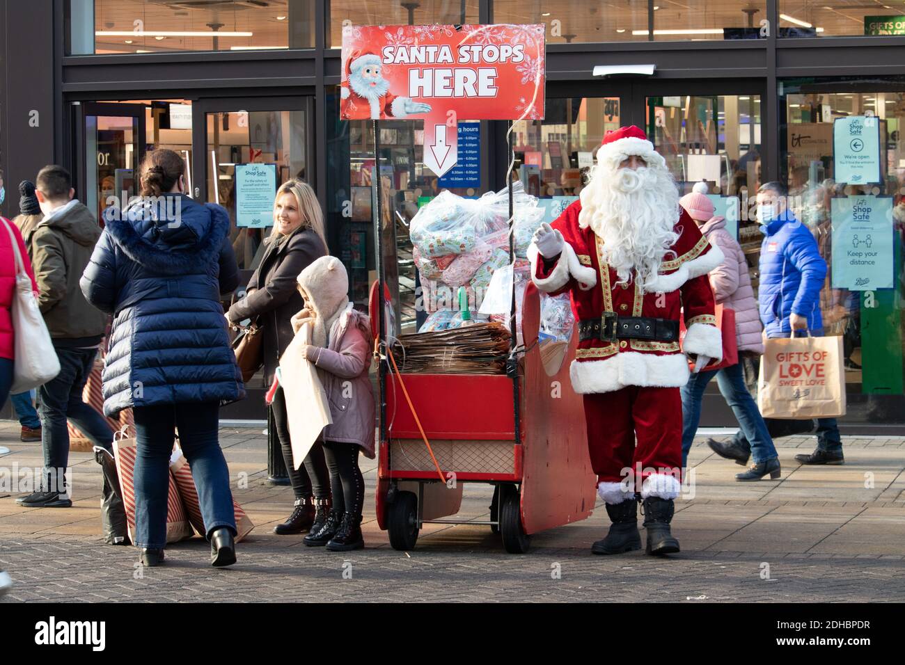 A santa stop on the High Street in the centre of Lincoln. Santa was pictured on the first Saturday in December as Christmas shopping started. Stock Photo