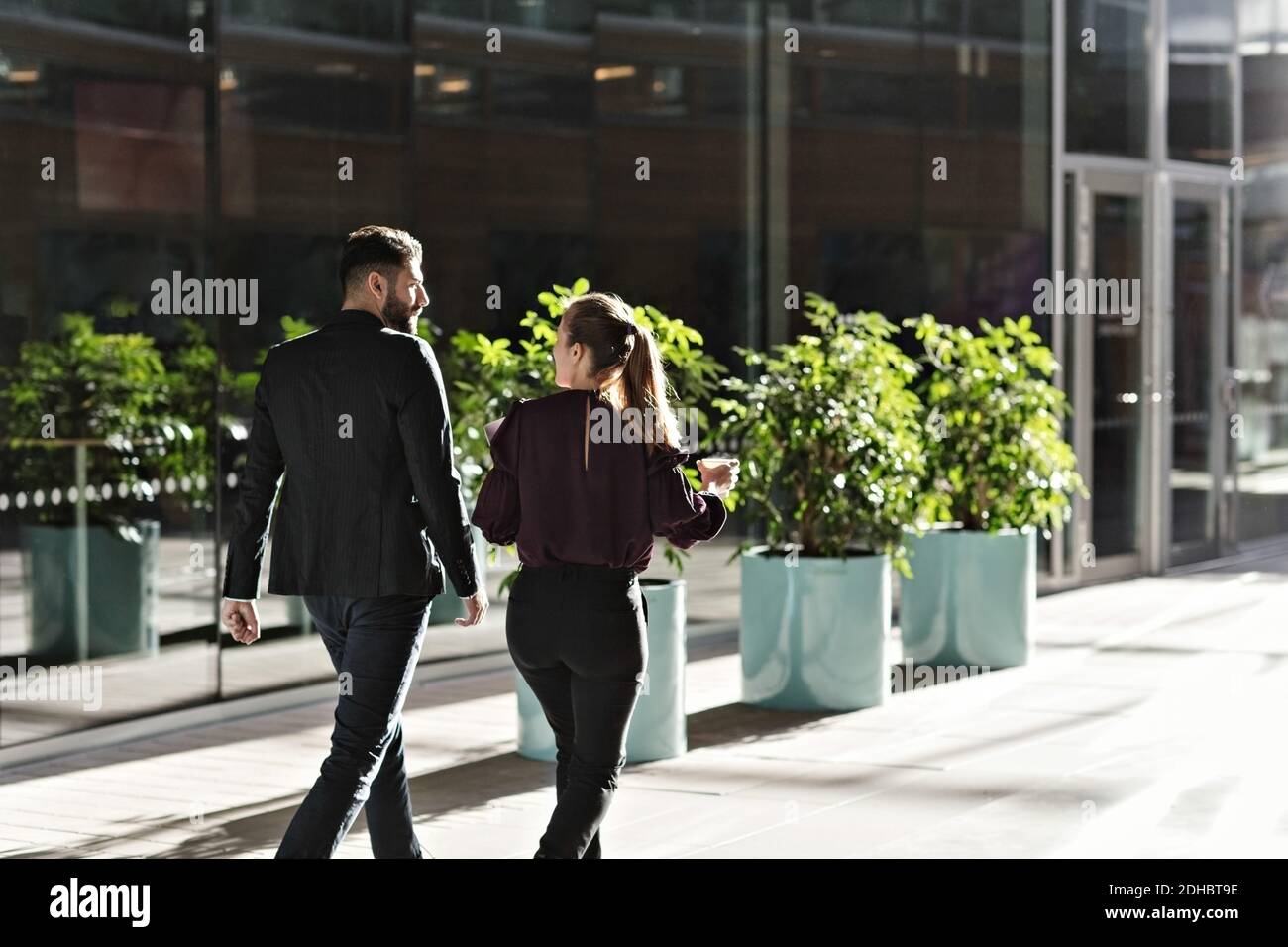 Business colleagues talking while walking in lobby at office Stock Photo