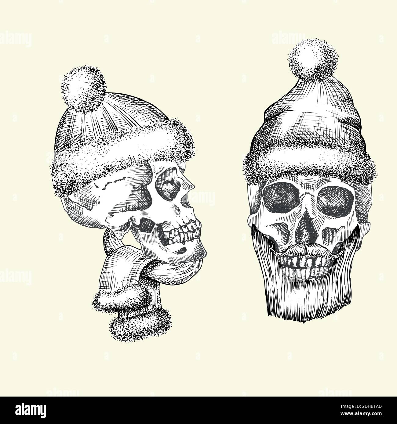 Set Hand drawn sketch human skull with santa hat and fur scarf. Black graphic art isolated on white background. Full face view of head. Engraving art Stock Vector