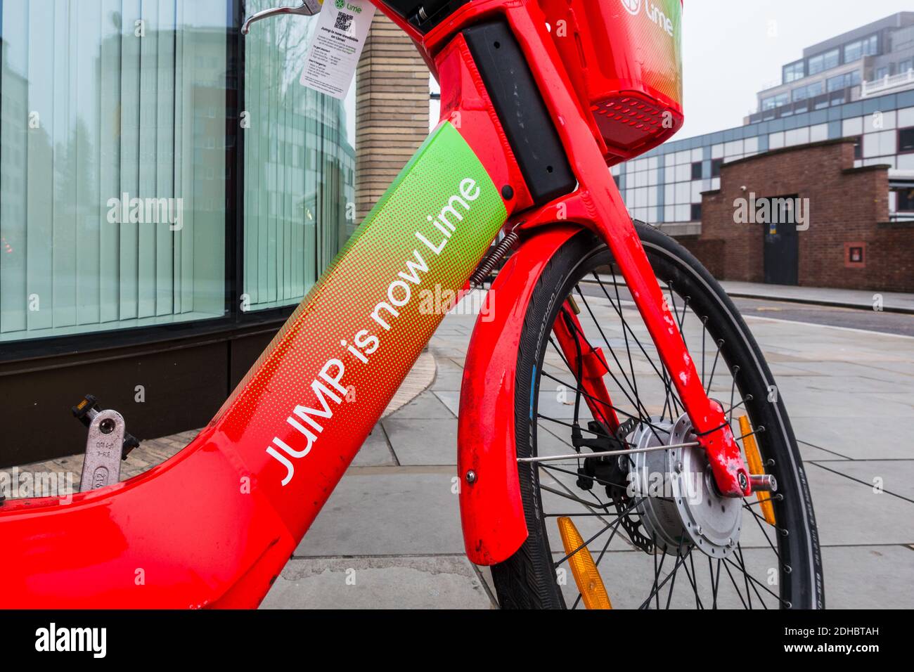 Jump is now Lime rebranded Jump bike on London pavement Stock