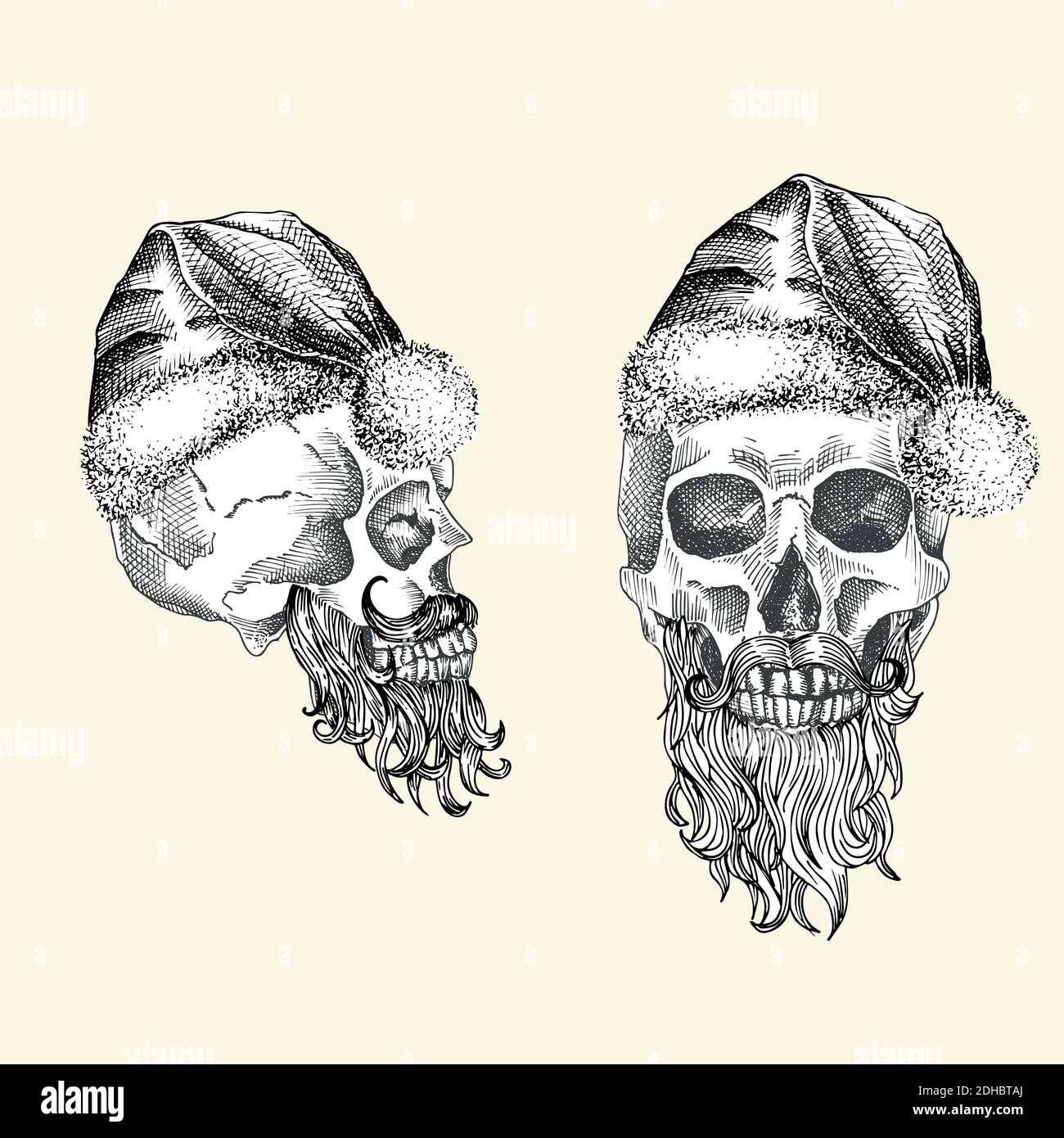 Set Hand drawn sketch human skull with santa hat and fur scarf. Black graphic art isolated on white background. Full face view of head. Engraving art Stock Vector
