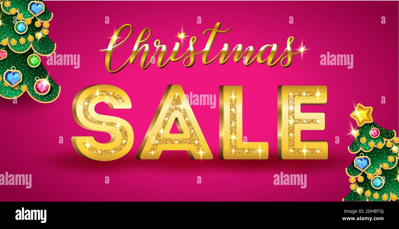 Vector luxury Christmas sale banner for jewelry store. Gold glitter shiny inscription Sale on a pink background with Christmas trees and toys Stock Vector