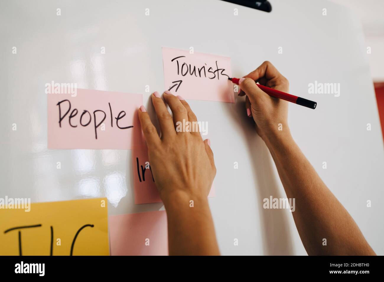 Hands of businesswoman writing on whiteboard while planning at creative office Stock Photo