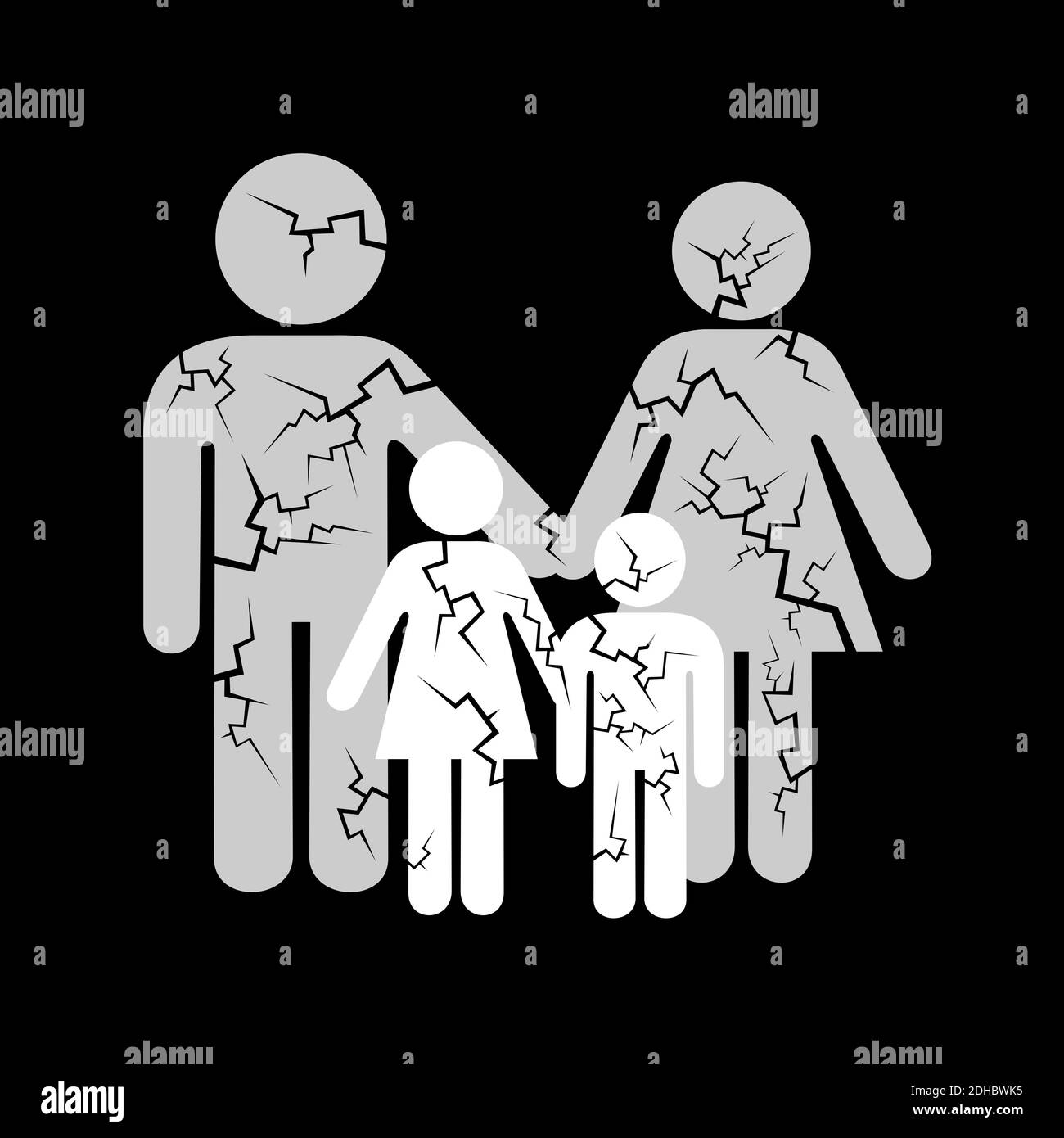 Decline and collapse of traditional nuclear family - heterosexual marriage and two children. Family life, family value and social change. vector illus Stock Photo