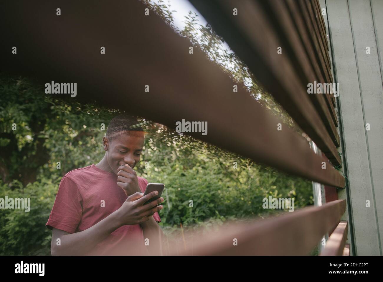 Smiling boy using mobile phone seen through fence in backyard Stock Photo