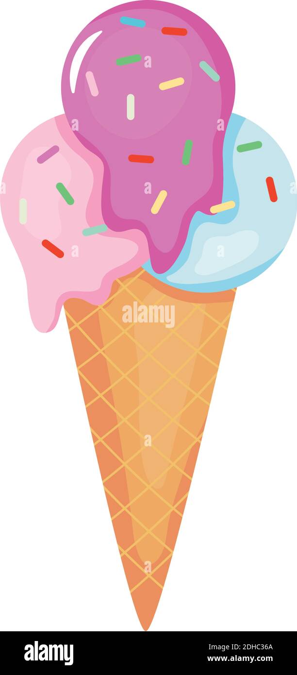 sweet ice cream cone with sprinkles over white background, colorful