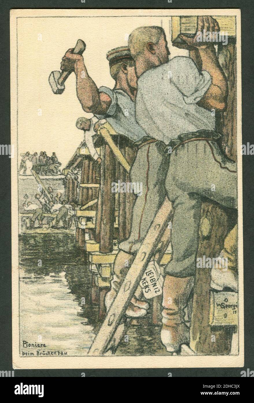 Künstlerpostkarte Walter Georgi 1915 Feldpost Pioniere beim Brückenbau H. Bahlsens Keksfabrik Hannover. Stock Photo