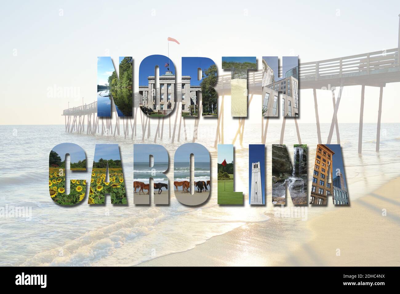 North Carolina collage of images with beach background Stock Photo