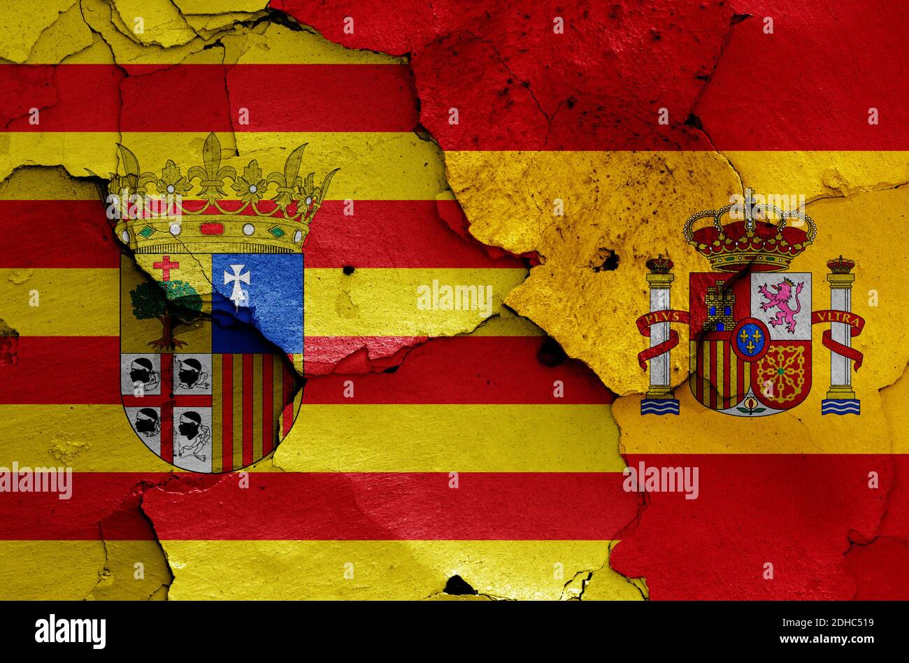 Flags of Aragon and Spain painted on cracked wall Stock Photo - Alamy