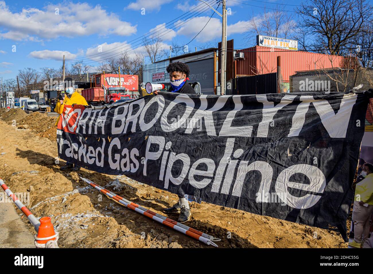 Brooklyn, New York, USA. 10th Dec, 2020. Residents from Brownsville, Brooklyn, disrupted National Grid's construction site on December 10, 2020 at the intersection of Junius St. and Linden Boulevard halting their so-called Metropolitan Reliability Infrastructure Project, better known as the North Brooklyn Pipeline, successfully shutting it down for the day. (Photo by Erik McGregor/Sipa USA) Credit: Sipa USA/Alamy Live News Stock Photo