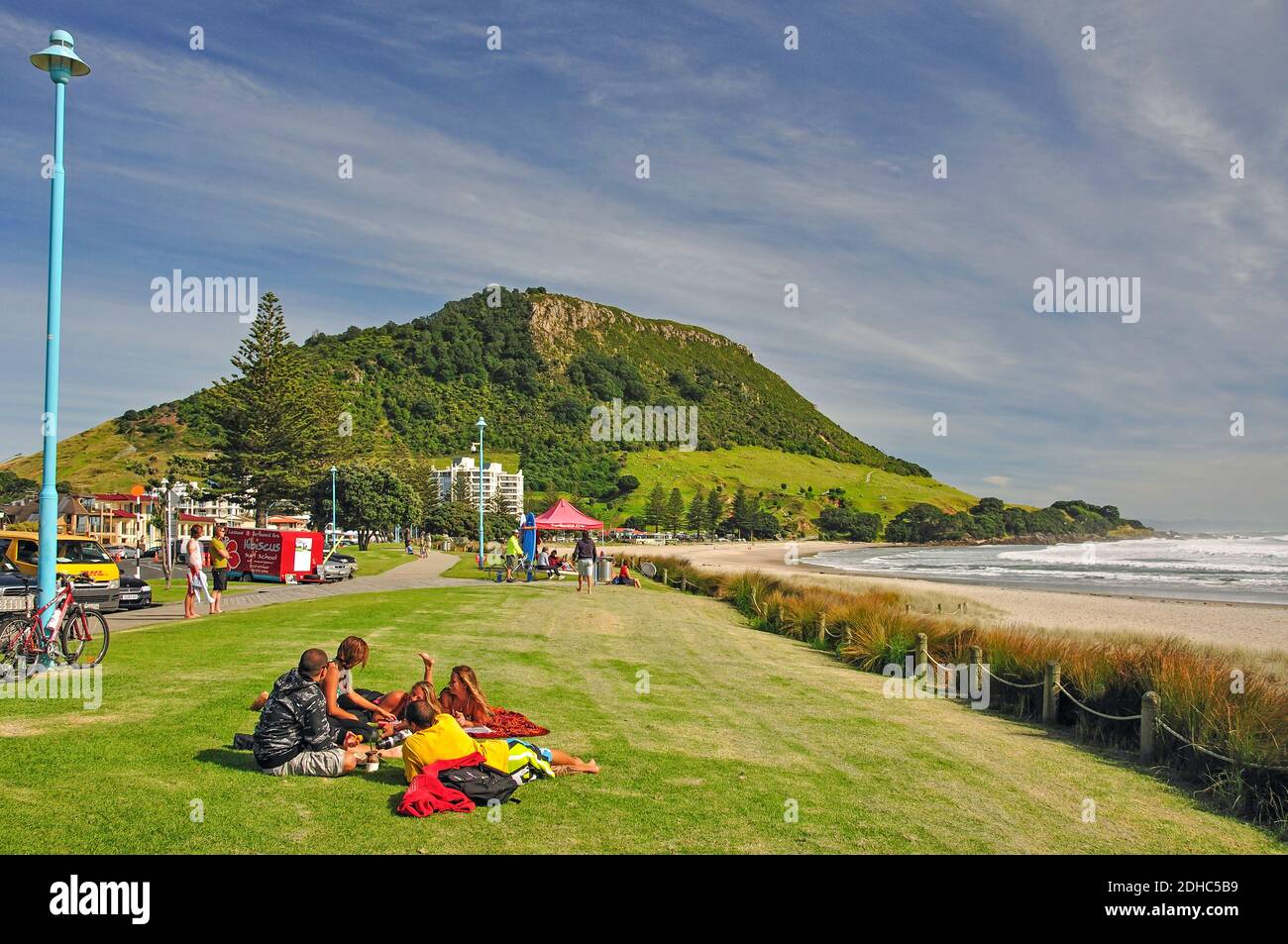 View of beach and Mount Maunganui, Tauranga, Bay of Plenty Region, North Island, New Zealand Stock Photo
