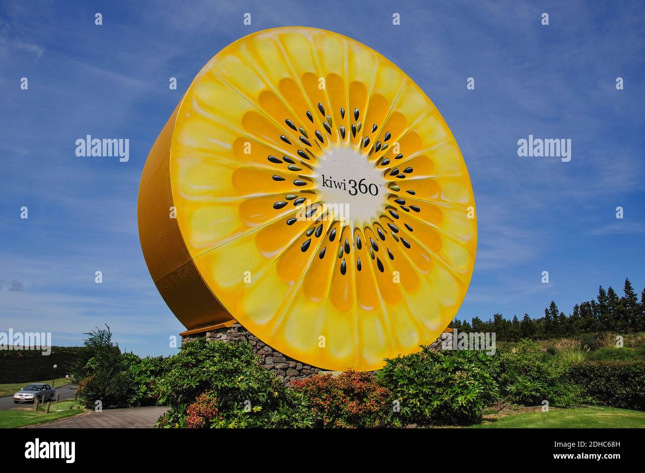 The Kiwi360 giant kiwifruit sign, Te Puke, Bay of Plenty Region, North Island, New Zealand Stock Photo
