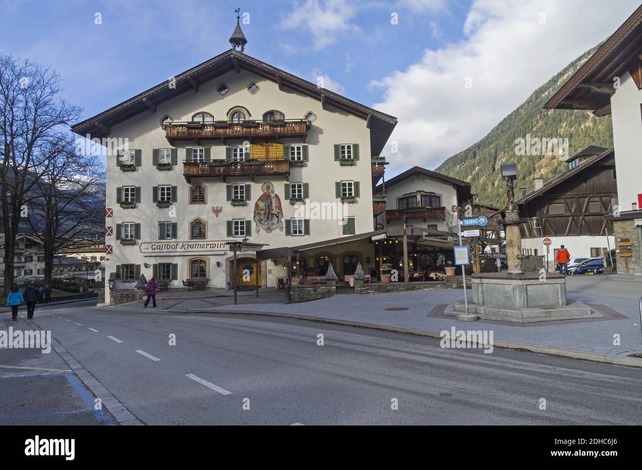 Decorated in the traditional Tyrolean style facade of the hotel. Stock Photo