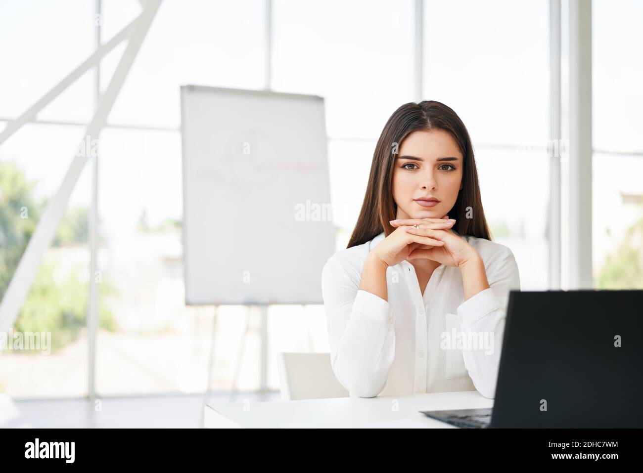 Portrait of successful pretty businesswoman in modern office Stock ...