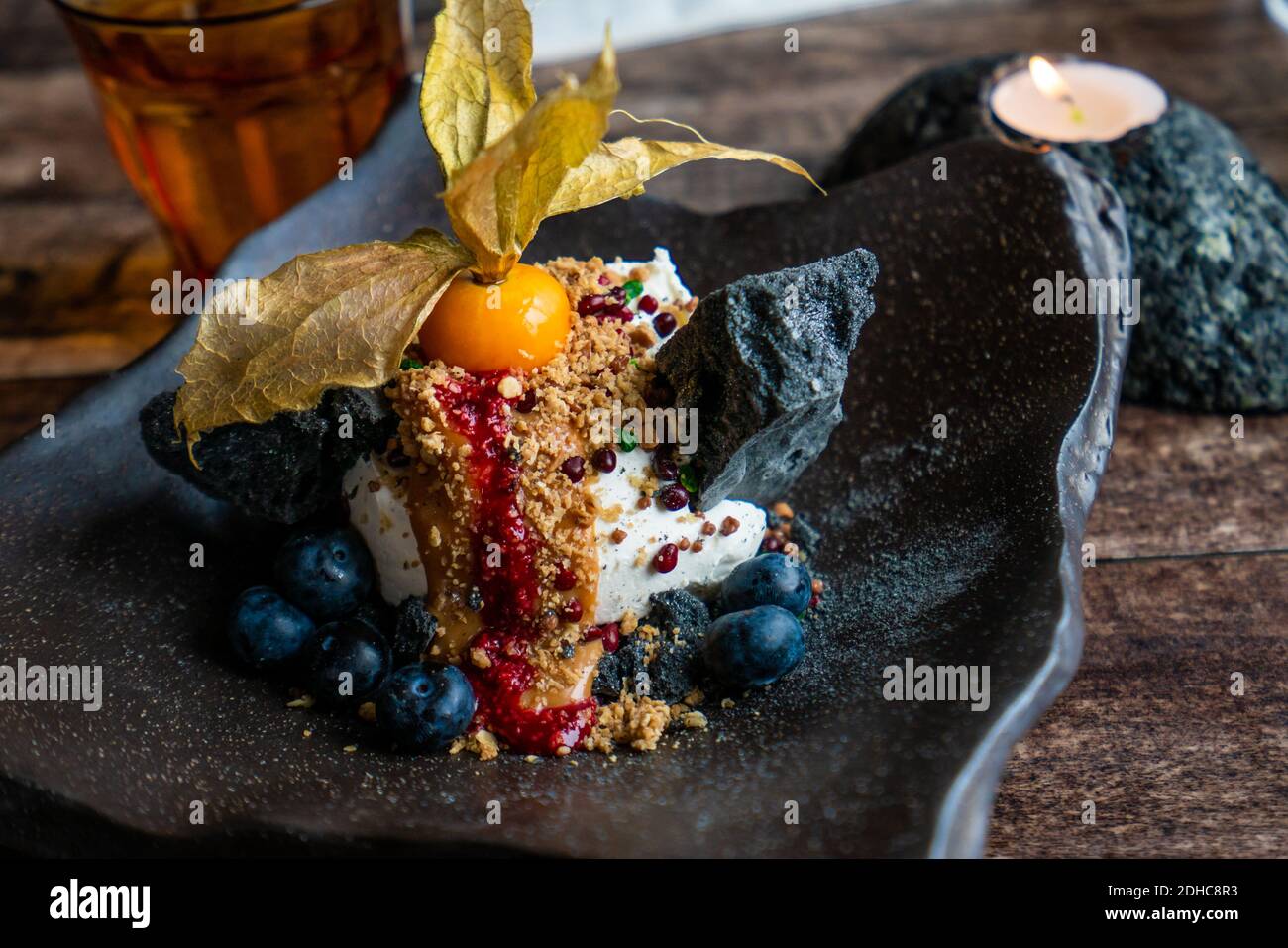 Icelandic ice cream menu with volcanic rock sugar cane and blueberries
