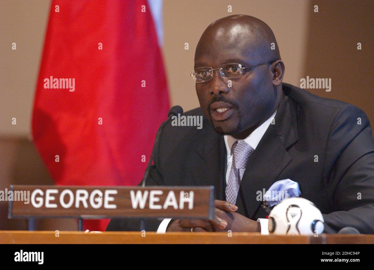 File photo : Liberian soccer star and former presidential candidate George Weah reacts during the 'Fight Against AIDS International Drug Purchase Facility' press conference at the United Nations Headquarters in New York, on Friday, June 2, 2006. Former football star George Weah has been elected as Liberia's president. Mr Weah is well ahead of opponent Joseph Boakai with more than 60% of the vote. Photo by Nicolas Khayat/ABACAPRESS.COM Stock Photo
