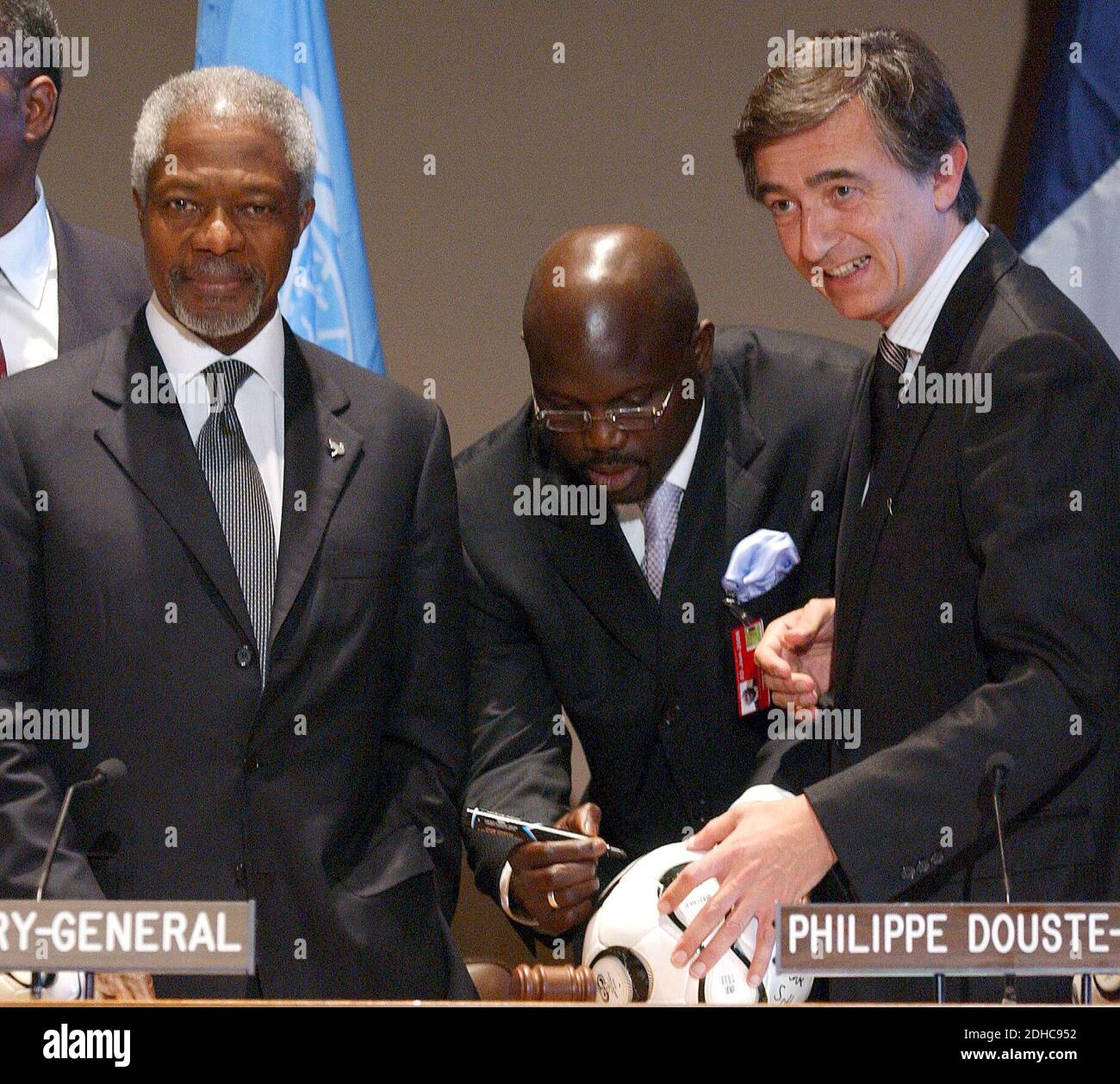 File photo : UN Secretary General Kofi Annan, Liberian soccer star and former presidential candidate George Weah and French Foreign Affairs Minister Philippe Douste-Blazy attend the 'Fight Against AIDS International Drug Purchase Facility' press conference at the United Nations Headquarters in New York, on Friday, June 2, 2006. Former football star George Weah has been elected as Liberia's president. Mr Weah is well ahead of opponent Joseph Boakai with more than 60% of the vote. Photo by Nicolas Khayat/ABACAPRESS.COM Stock Photo