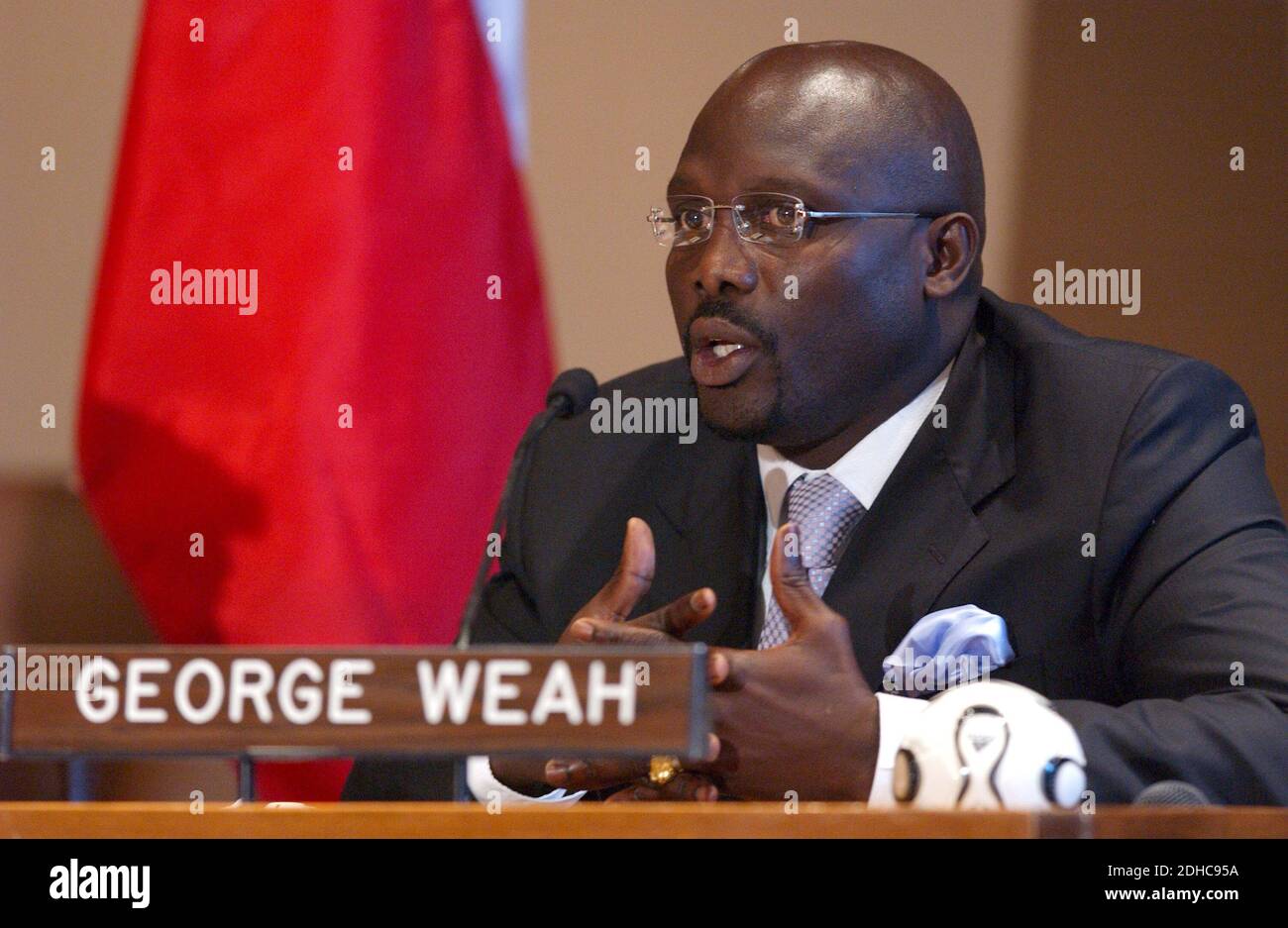 File photo : Liberian soccer star and former presidential candidate George Weah reacts during the 'Fight Against AIDS International Drug Purchase Facility' press conference at the United Nations Headquarters in New York, on Friday, June 2, 2006. Former football star George Weah has been elected as Liberia's president. Mr Weah is well ahead of opponent Joseph Boakai with more than 60% of the vote. Photo by Nicolas Khayat/ABACAPRESS.COM Stock Photo