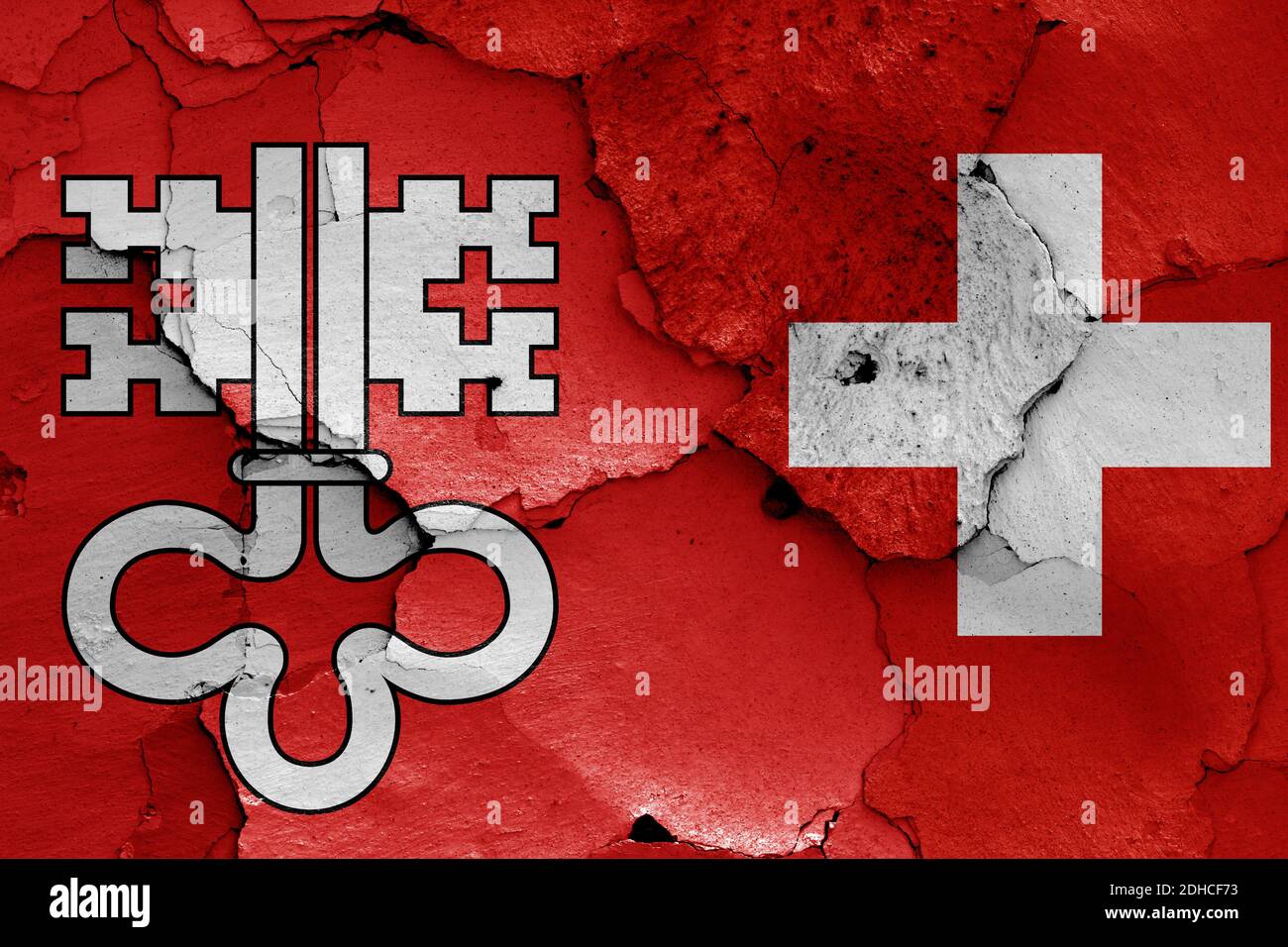Flags of Nidwalden canton and Switzerland painted on cracked wall Stock ...