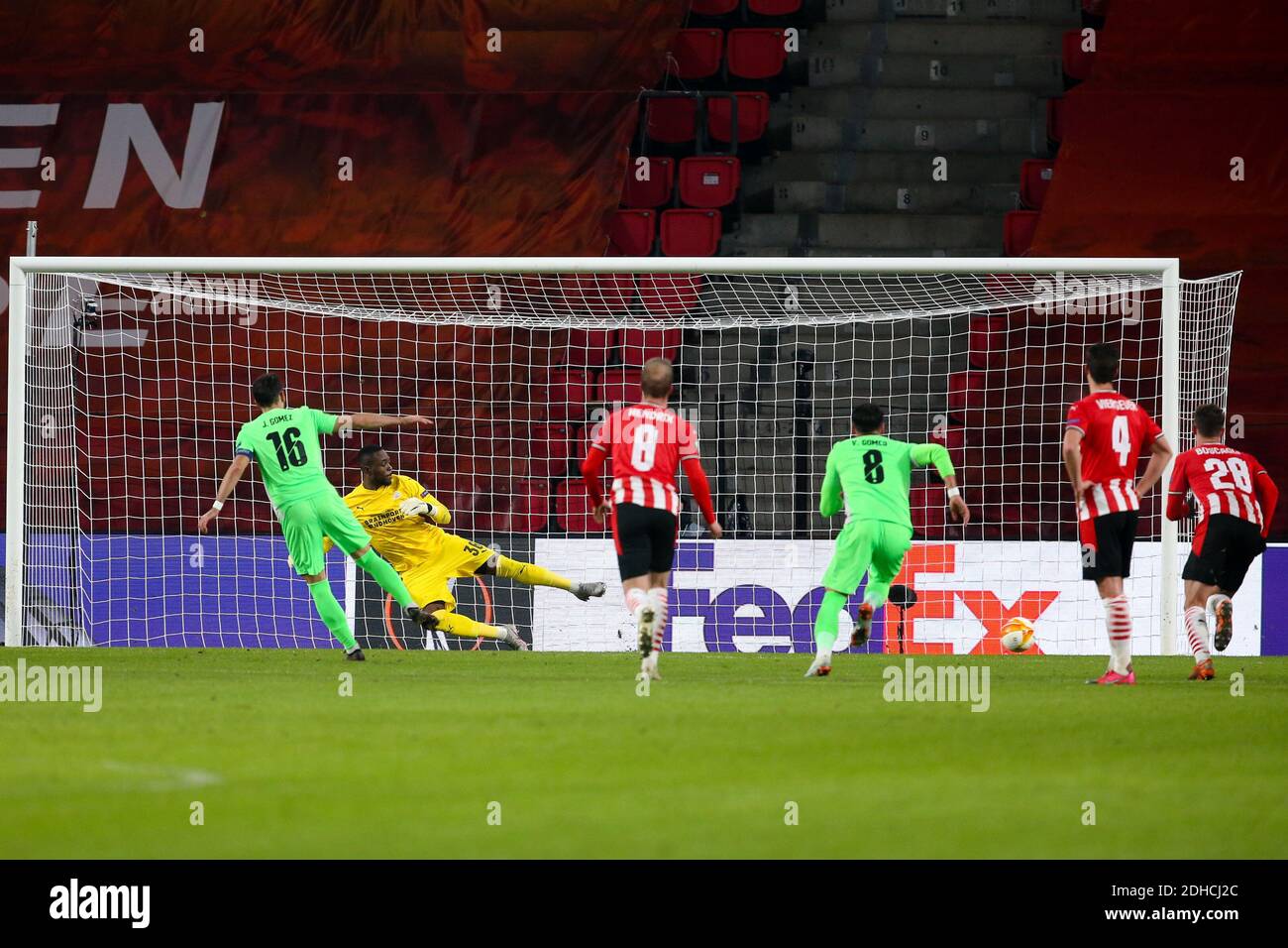 EINDHOVEN, NETHERLANDS - DECEMBER 10: Jordi Gomez of Omonia Nicosia misses from the penalty spot before the UEFA Europa League match between PSV and O Stock Photo