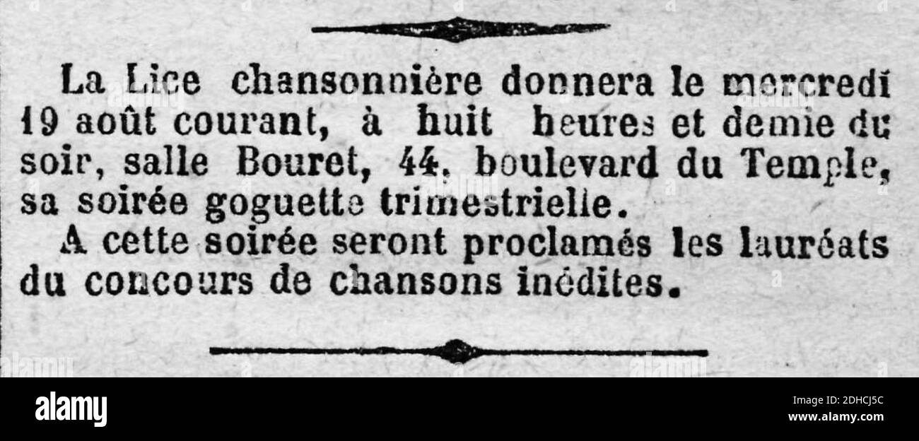 La Lice chansonnière - Le Rappel - 17 août 1885 Stock Photo - Alamy