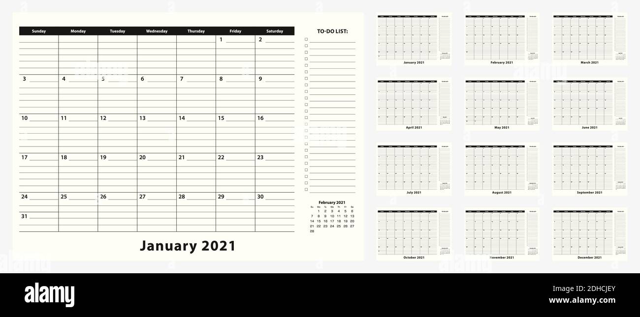 Monthly Business Desk Pad Calendar for year 2021, 12 month. Calendar planner with to-do list and place for notes in black and white design. Stock Vector