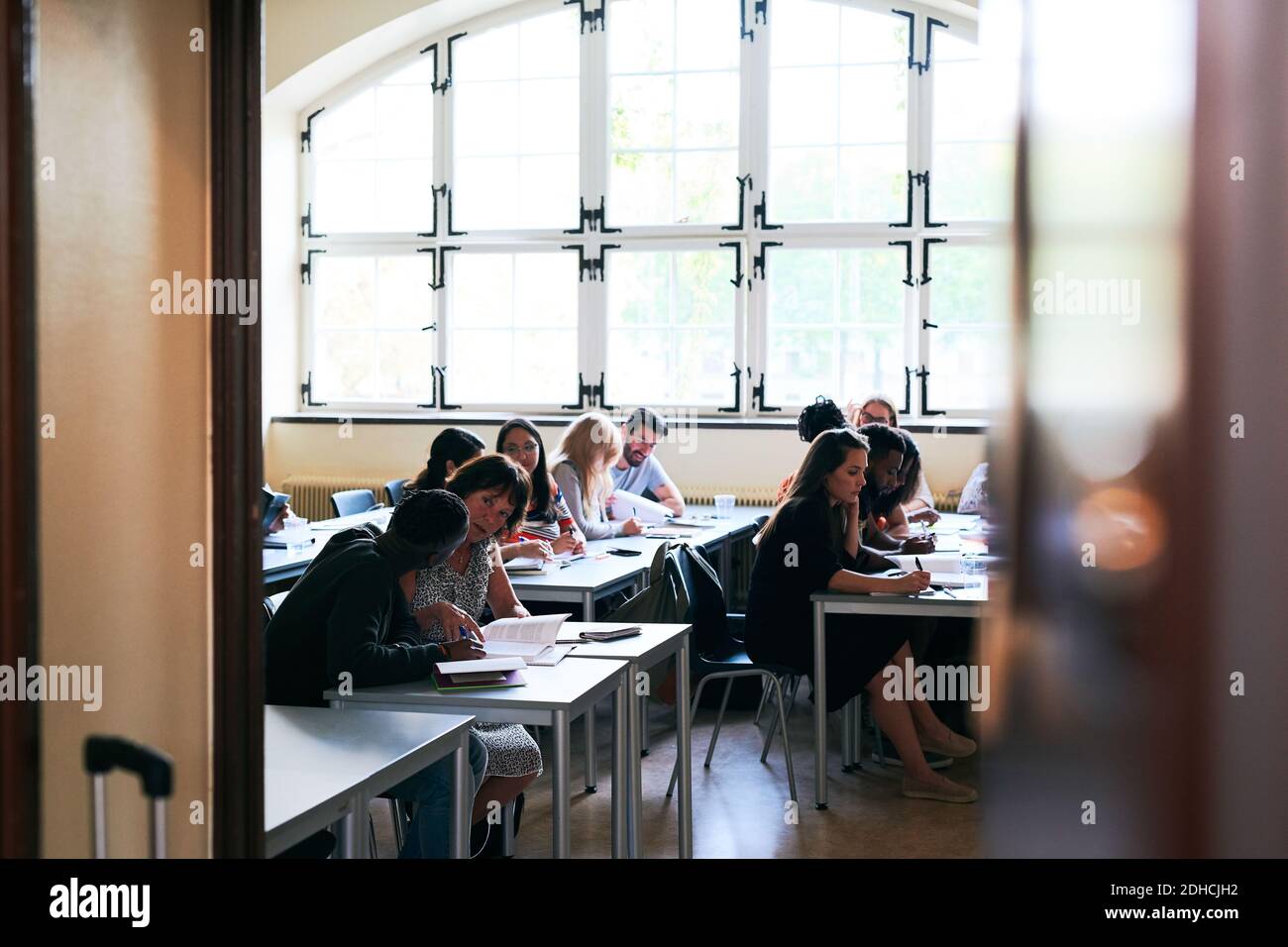 Multi-ethnic students sitting at desks during language class Stock Photo