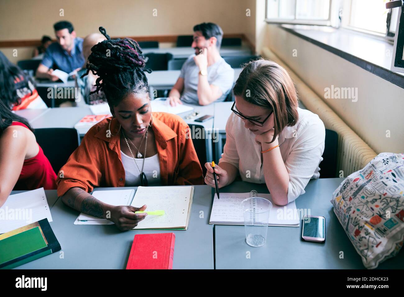 High angle view of multi-ethnic women reading notes in language school Stock Photo