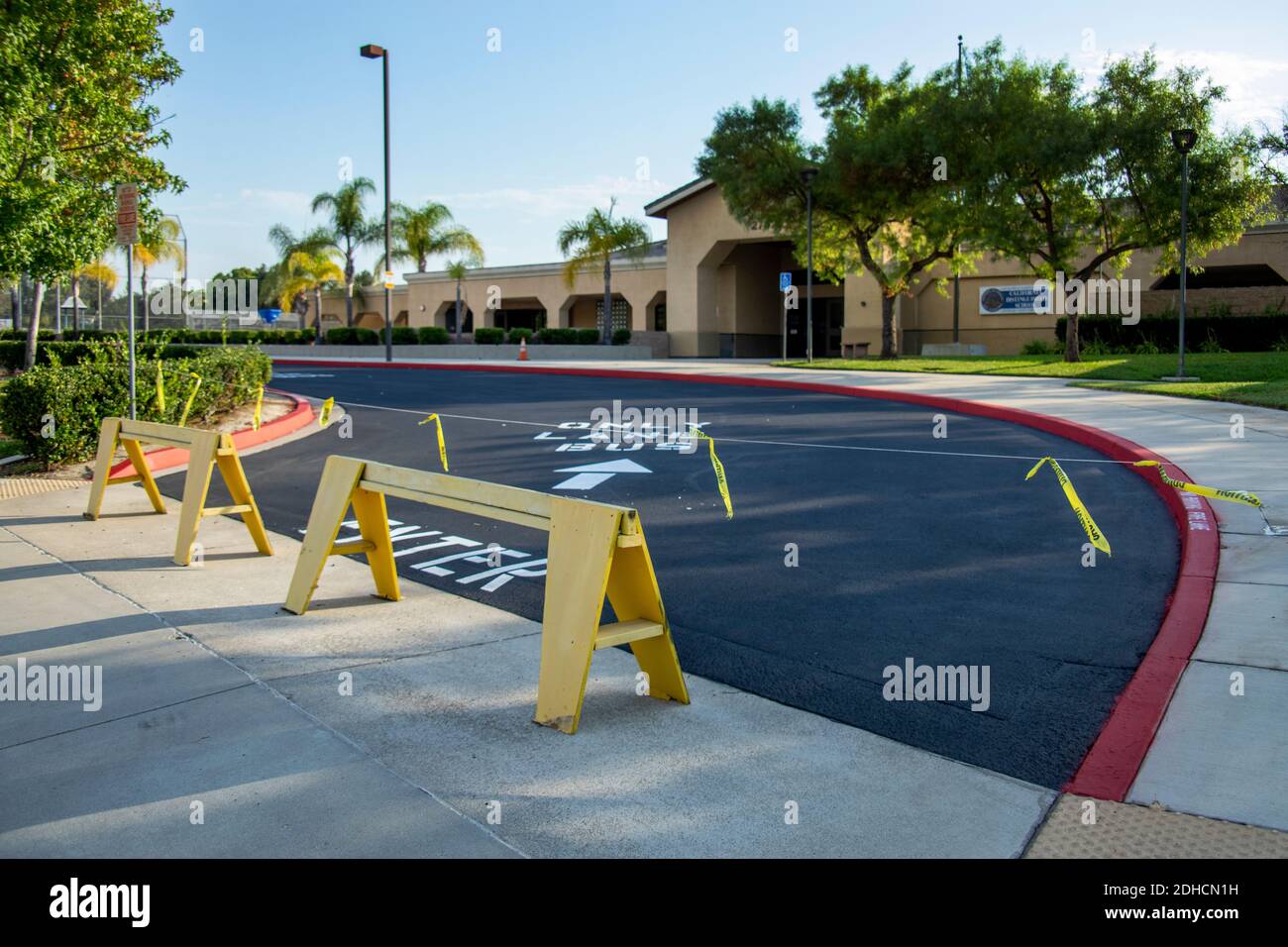 A Southern California elementary school is closed on the first day of school due to the coronavirus pandemic. Teaching is entirely online. Stock Photo