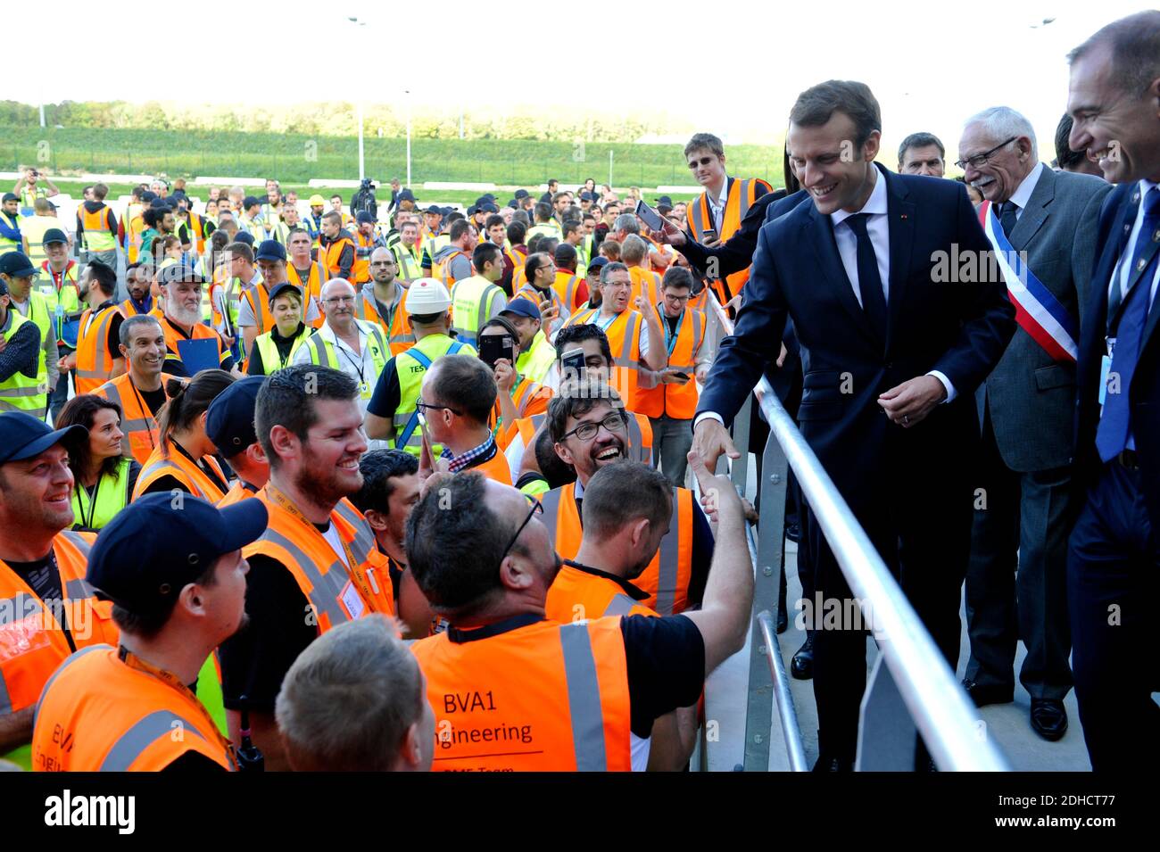 French President Emmanuel Macron during a visit at the Amazon factory in  Boves, near Amiens, northern France on October 3, 2017. Photo by Sarah  Alcalay/Pool/ABACAPRESS.COM Stock Photo - Alamy