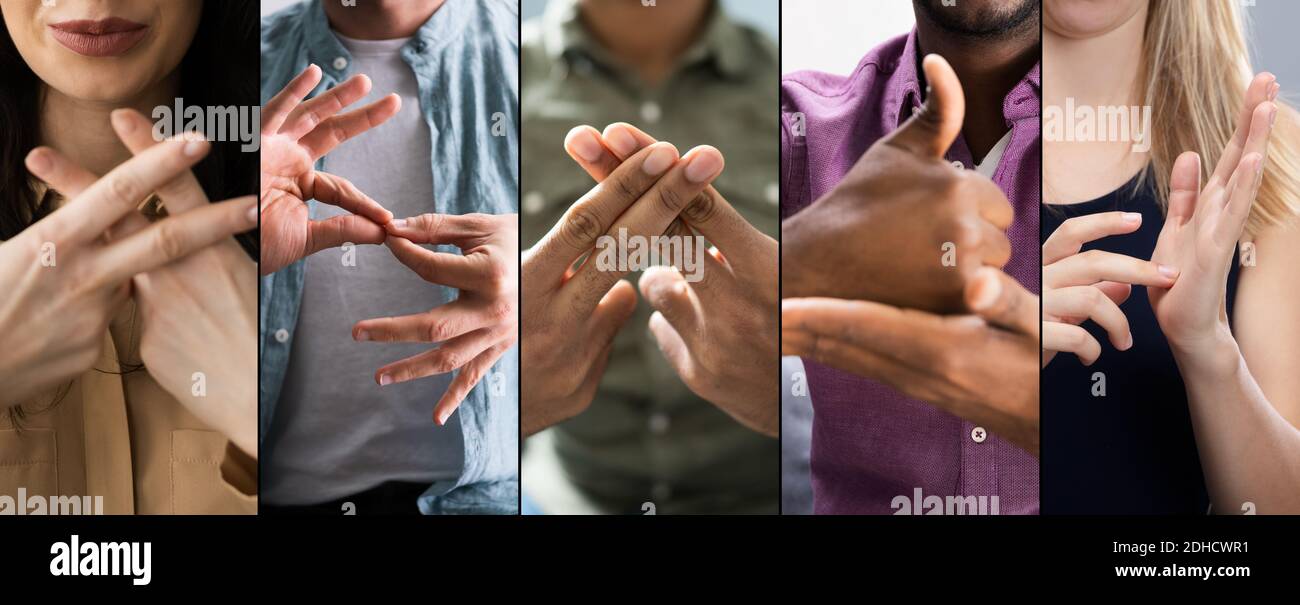 Adults Learning Sign Language For Deaf Disabled Collage Stock Photo