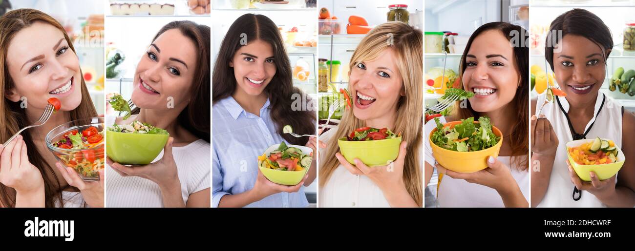 Women Eating Healthy Diet Salad And Slimming Collage Stock Photo